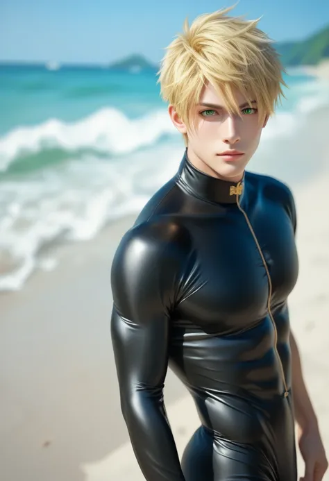 Male, photoreaistic, sanzo priest, fair skin, (((short blonde hair))), green eyes, strong, fit. (((Wearing black bodysuit))).  Japanese beach background. Casual pose. Loose white japanese priest robe over bodysuit. 