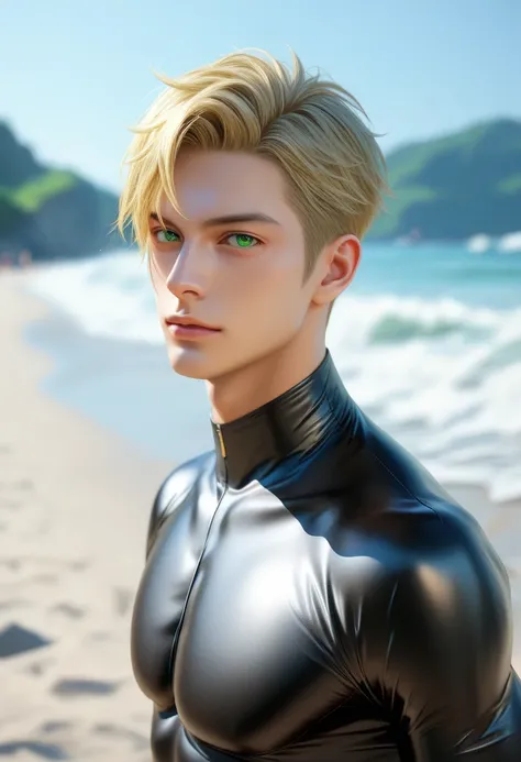 Male, photoreaistic, sanzo priest, fair skin, (((short blonde hair))), green eyes, strong, fit. (((Wearing black bodysuit))).  Japanese beach background. Casual pose. Loose white japanese priest robe over bodysuit. 