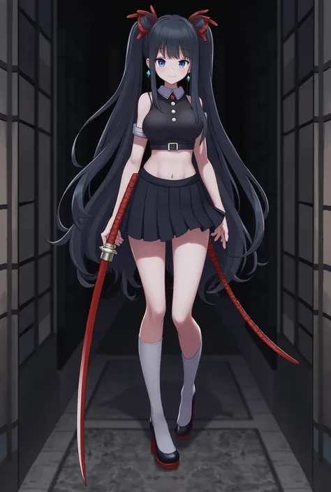  1 girl,  high resolution,  best quality,  black hair ,  black hair ,  double ponytails,  Very long hair,  big breasts,  crystal earrings ,  crescent earrings , Grin,  devilish smile , Yandere,  blue eyes  , Dark Hallway , katana , Miniskirt , crop top , 