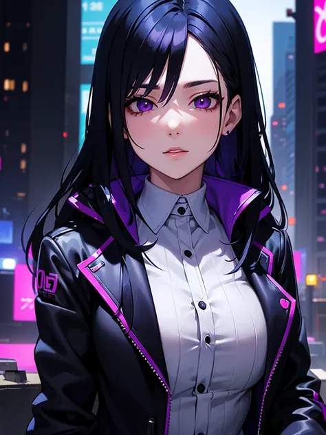 Beauty、 business suit、 fur coat、 black hair、Blue Hair、Purple Hair、 long hair、Eye patch、Age 27、 cyberpunk、 face up、night、 sexy