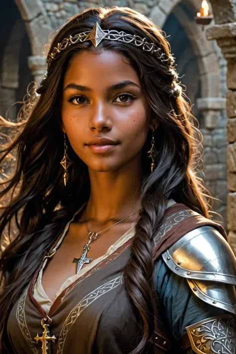 A girl of 10 with brown skin,  long hair,  brown eyes, almost black brown hair ,  medieval fantasy style , who is also a witch  