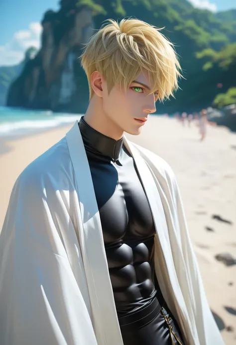 Male, photoreaistic, sanzo priest, fair skin, (((short blonde hair))), green eyes, strong, fit. (((Wearing black bodysuit))).  Japanese beach background. Casual pose. ((Wearing Loose white japanese priest robe over bodysuit.))