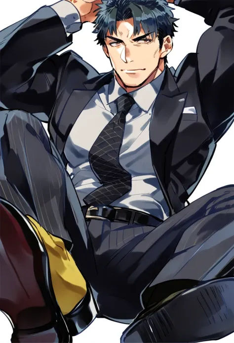 male focus, muscled beefy male, solo, ikemen, mature, male only, (tough demon man:1.5), bold, eyes fix, flat chest, sturdy waist, 50 years old, mafia, collared shirt, tie, three piece suit, belt, slacks, tight clothes, whole body, sitting, invisible chair,...