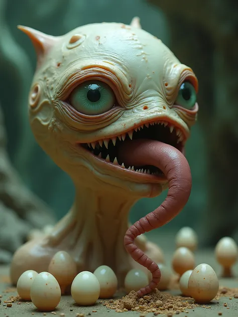 A womans tongue morphing into a grotesque, egg-laying creature, with eggs hatching into miniature, bizarre versions of itself, set in a scene like an alien nursery, with odd, organic shapes and colors.