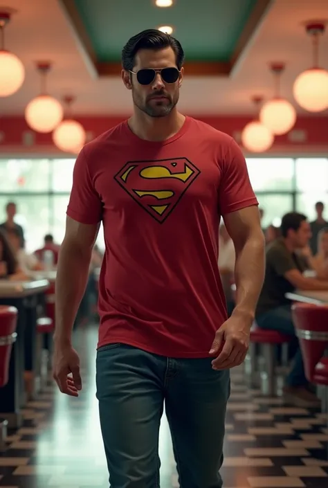 Superman wearing dark glasses ,  jeans,  red t-shirt with the symbol, in a diner 