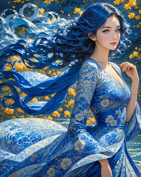 "A beautiful and radiant young woman , with long waves of blue hair shining with light . Her dress,  adorned with complex and elegant patterns in cobalt blue, highlights her figure with grace,  while her bearing reflects confidence and sophistication . his...