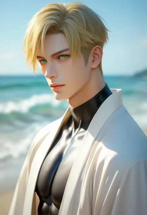 Male, photoreaistic, sanzo priest, fair skin, (((short blonde hair))), green eyes, strong, fit. (((Wearing black bodysuit))).  Japanese beach background. Casual pose. ((Wearing Loose white japanese priest robe over bodysuit.))