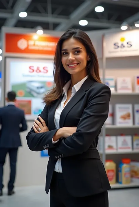 A Pakistani female manager standing at exhibition stall og S&S Cement Professionals Limited realistic 