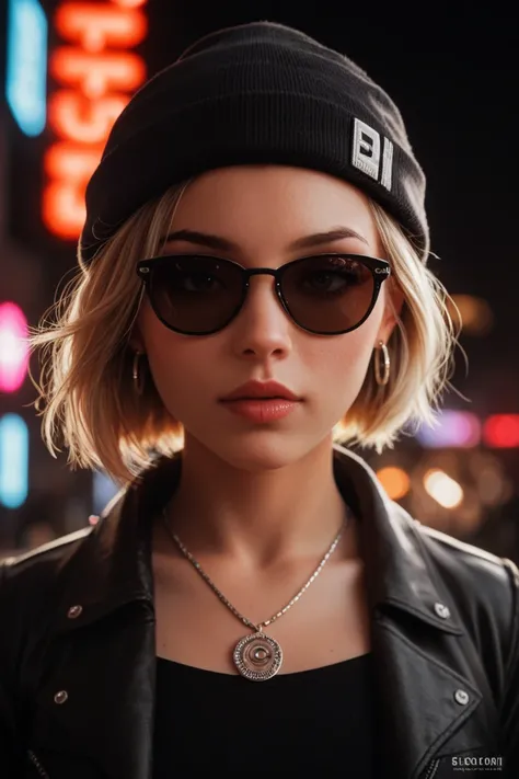 Face close up, alternative girl, watching over black sunglasses, jacket, necklace, neon light reflections on skin, ear ring, makeup, skin imperfection, short hair, beanie, neon lights background, low light, depth of field, highly detailed, high contrast, f...