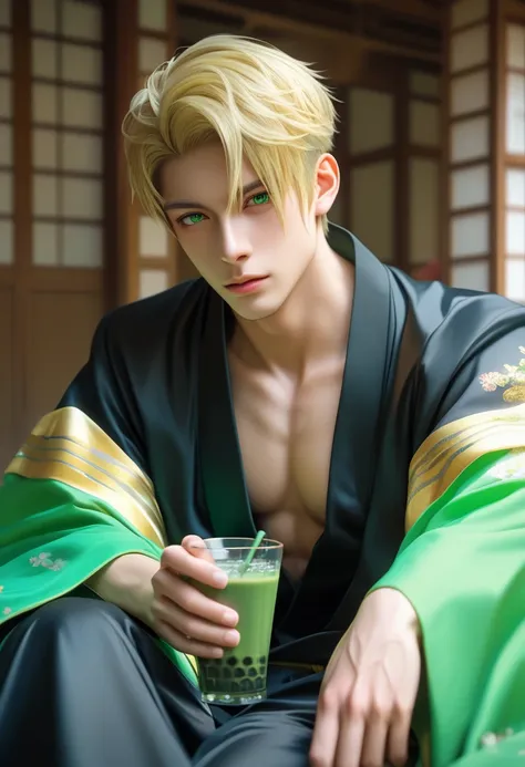 Male, photoreaistic, sanzo priest, fair skin, (((short blonde hair))), green eyes, strong, fit. (((Wearing black bodysuit))).  Japanese beach background. Casual pose, drinking green tea. ((Wearing Loose white japanese priest robe over bodysuit.))