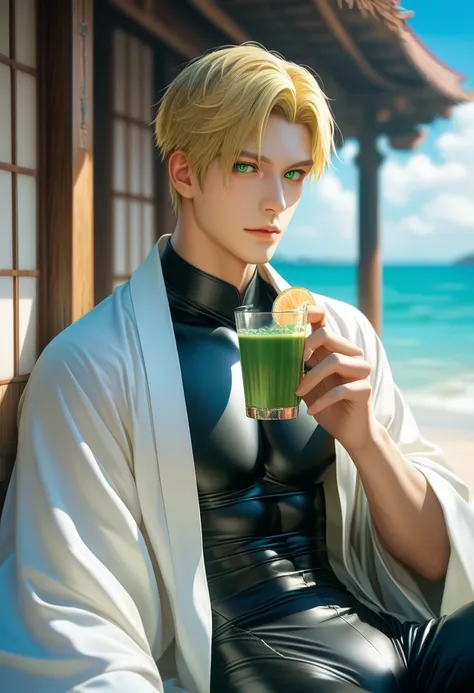 Male, photoreaistic, sanzo priest, fair skin, (((short blonde hair))), green eyes, strong, fit. (((Wearing black bodysuit))).  Japanese beach background. Casual pose, drinking green tea. ((Wearing Loose white japanese priest robe over bodysuit.))