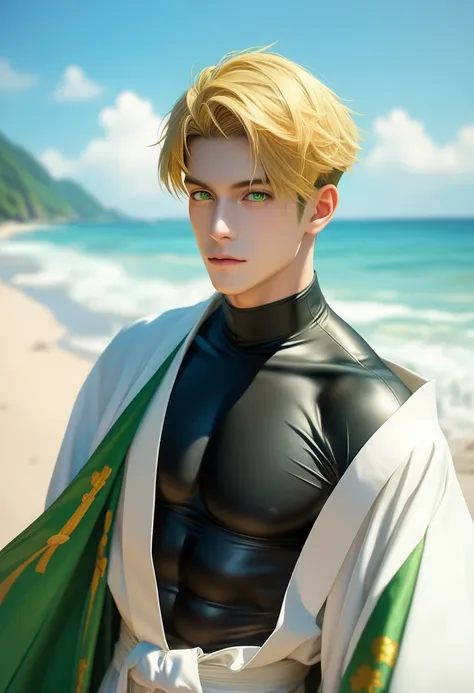 Male, photoreaistic, sanzo priest, fair skin, (((short blonde hair))), green eyes, strong, fit. (((Wearing black bodysuit))).  Japanese beach background. Casual pose, drinking green tea. ((Wearing Loose white japanese priest robe over bodysuit.))