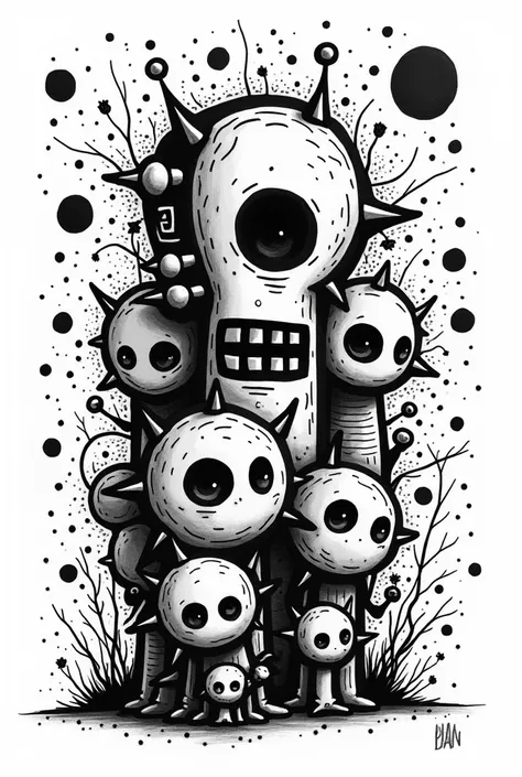 A black-and-white artwork inspired by Davide Vavalà, featuring graffiti-style elements and abstract characters. The design includes bold and expressive lines, playful figures with exaggerated features, and a mix of sharp geometric shapes and organic doodle...