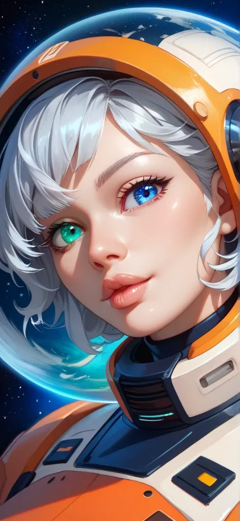 (Close-up of a better masterpiece:1.5)0.9], (Space and astronauts:1.2) (Messy silver hair:1.1) (Heterochromia xanthochromia and blue eyes:1.2) (Space Helmet:1.0) (Colored stars in the eyes:1.0) (A radiant glow:1.1) (thick lips:0.9)