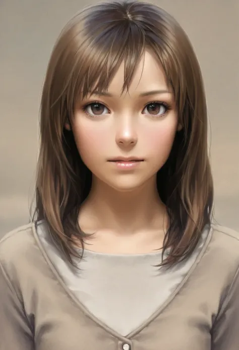 best quality, works, (realistic: 1,2), 1 girl, brown hair, brown eyes, Front, detailed face, beautiful eyes