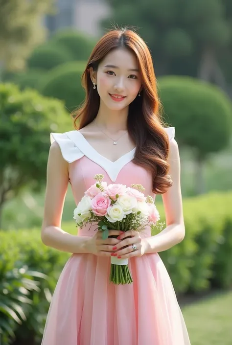 A Korean cool woman, with long straight golden brown hair, wearing pink and white Bridesmaid simple, with a wedding garden background, wearing simple earrings and elegant necklace, holding a bouquet of flowers 