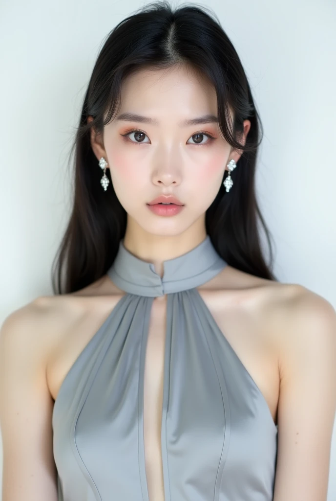 A beautiful Chinese female model with black hair. She is twenty years old with a Chinese face. She is wearing a luxurious light grey keyhole dress, brown eyeshadow, and nude lipstick. She has a quiet, indifferent, and stern appearance without a smile and a...