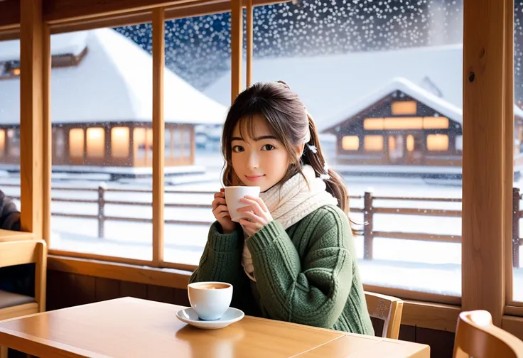 "A 19-year-old Japanese woman sitting in a warm and cozy winter café, sipping a cup of coffee, illustrated in a traditional Japanese anime style. The interior features wooden tables, soft lighting, and frosted windows with a view of gently falling snow out...