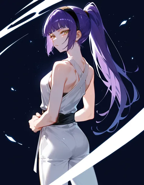 Single girl, alone, back view, highly detailed, intricate details, adult female, long ponytail, black purple hair, short blunt bangs, white sleeveless top, half-closed eyes, golden eyes, pouting lips, arrogant figure, white martial arts pants, standing upr...