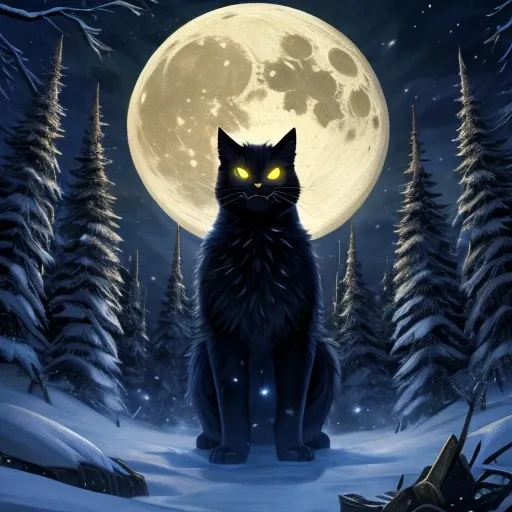 ( masterpiece:1.2 ), (  super detailed), 8k, 16k,  wallpaper, ( fantasy:2.0),  graphic novel  ,  gigantic black cat, yellow glowing eyes, baring fangs (yule cat), snowy forest, vallage, after dark, full moon