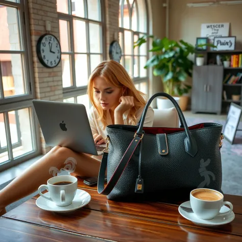 "A female model sitting on a stylish chair, using a laptop. A black leather handbag, similar to the one in the reference image, with a unique embossed design and gold accents, is placed beside her on a wooden desk. A steaming cup of coffee is also on the d...