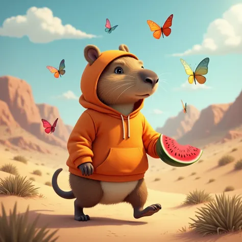  capybara in an orange hoodie walks through the desert with a piece of watermelon in his hand.  the weather is sunny . colorful butterflies fly 