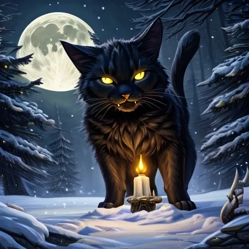 ( masterpiece:1.2 ), (  super detailed), 8k, 16k,  wallpaper, ( fantasy:2.0),  graphic novel  ,  gigantic black cat, yellow glowing eyes, baring fangs (yule cat), snowy forest, vallage, after dark, full moon