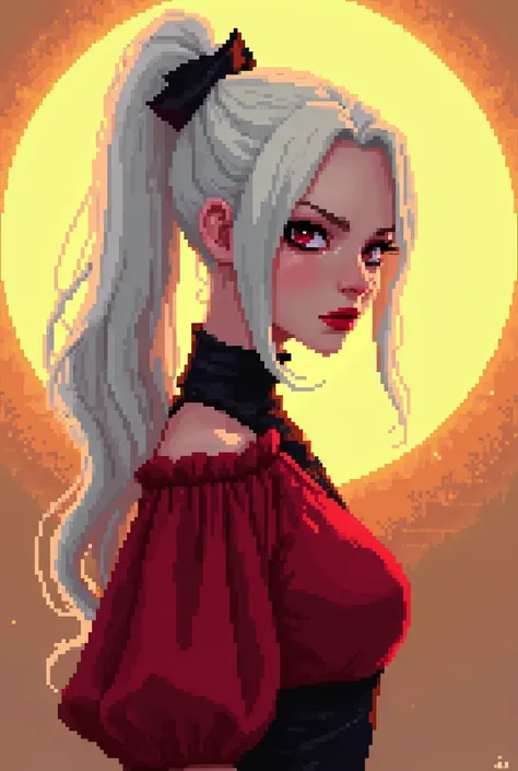 Masterpiece, high quality, HCNONE, pixel art, 1girl, white hair, ponytail, red gothic dress, simple gold color background, death stare, Eclipse background