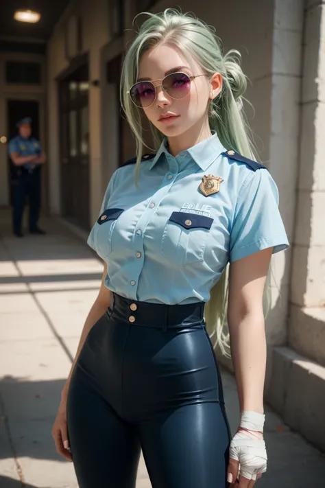 (Light green hair with a shade of light blue), Girl police officer ,  long hair tied light green with a shade of light blue,  pink eyes from sunglasses with blue lenses ,  of black tight sleeve blouse and camouflaged tight pants , bands bandages on the han...