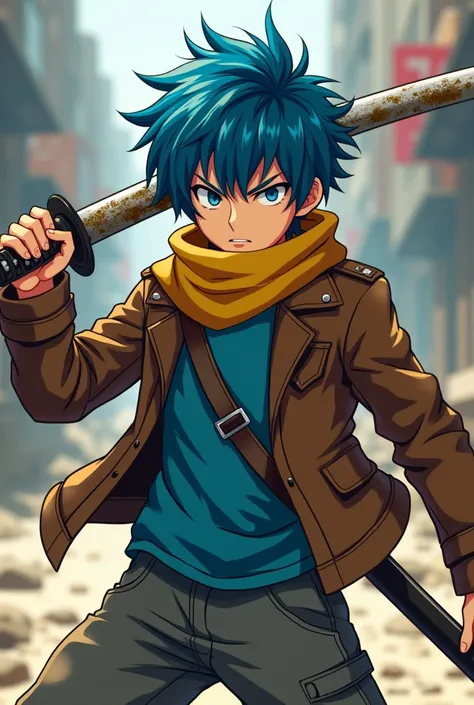 Blue-haired disheveled boy with yellow scarf brown leather blue t-shirt gray pants with a katana in his hands that is dirty anime style