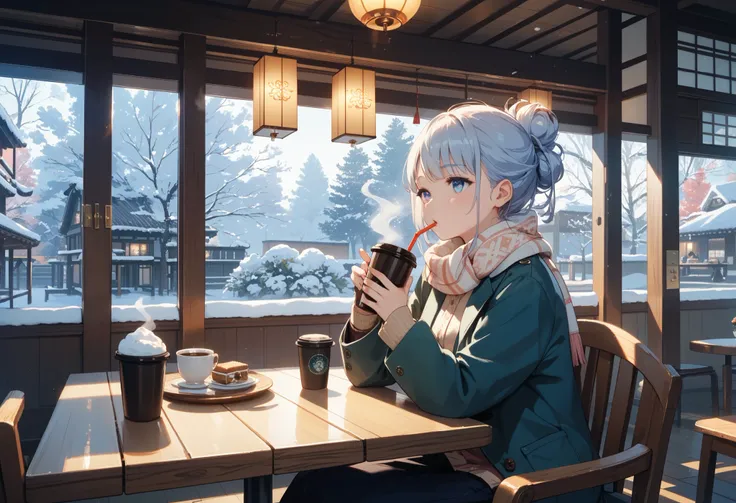 "A 19-year-old Japanese woman sitting in a warm and cozy winter café, sipping a cup of coffee, illustrated in a traditional Japanese anime style. The interior features wooden tables, soft lighting, and frosted windows with a view of gently falling snow out...