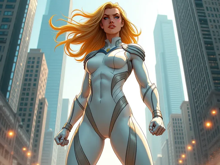 Superhero woman in a white superhero suit. Comic book style 