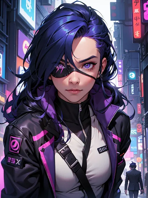 
Beauty、 business suit、 fur coat、 black hair、Blue Hair、Purple Hair、 long hair、Eye patch、One Eye、Age 27、 cyberpunk、 face up、night、 sexy