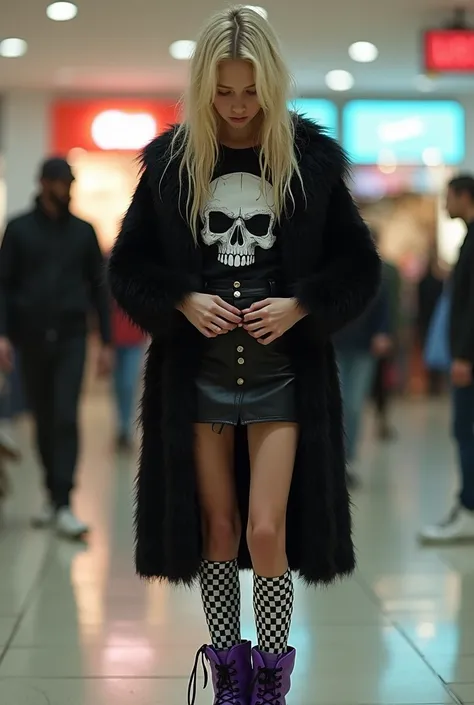 In a mall, a malnourished blonde teenage girl is getting dressed. Shes wearing a black skull T-shirt, a black fur coat, black and white checkered stockings, purple shiny boots, and a tight leather skirt that shes buttoning up.