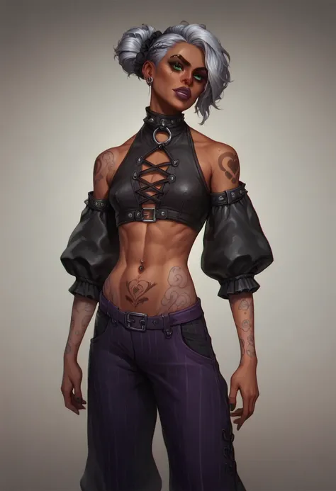 A character outfit from the series arcane gothic outfit , detailed, black clothes, dark skin, silver, purple items, tattoos, extravagant, huge baggy pants,  black, pirate, skinny, 