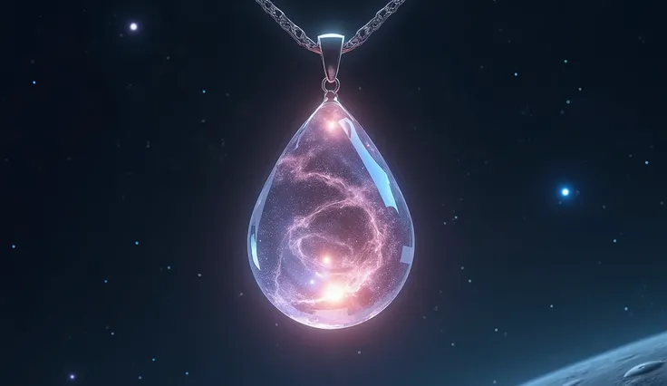 "A close-up of an intricately designed crystal-like pendant, glowing softly with an ethereal light. The jewel, shaped like a teardrop, hangs delicately from a thin, shimmering chain. Inside the gem, faint traces of a starry nebula swirl, symbolizing infini...