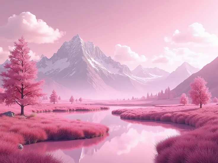 all nature in pink :Mountains,fields,trees, reflection in water ,clouds and sky , all pink in various shades