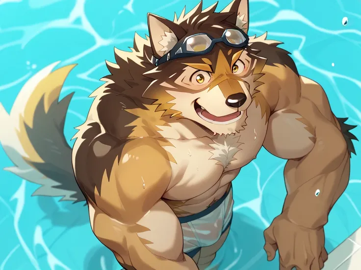  score_9,  score_8_above,  score_7_above,  High quality , hires, Alone,  live like a hero,  hairy, dog boy ,  muscular male ,  in underwear,  yellow eyes , Wiggle tail , happy, Reef, swimming,