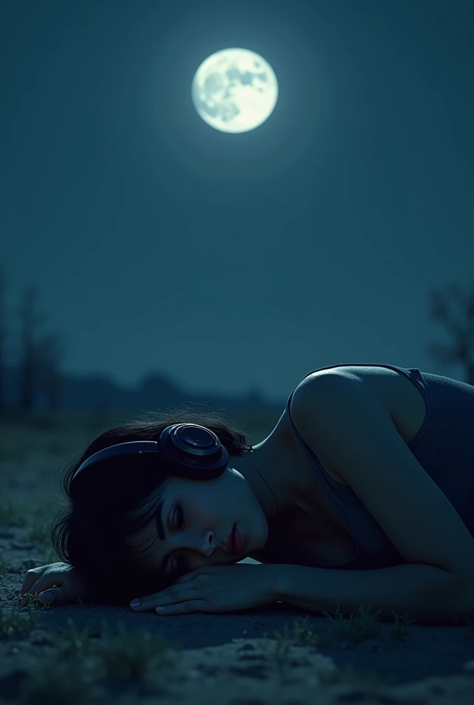 Person lying down, moonlight, crying while listening to music with headphones 