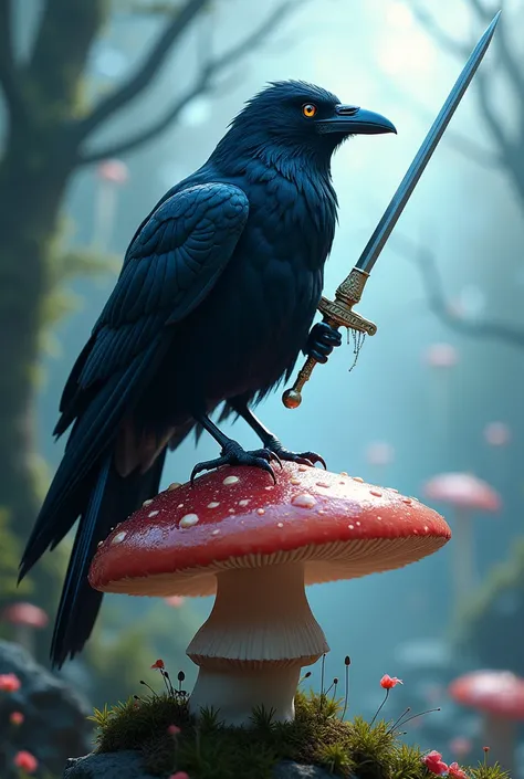 a raven with a rapier and a mushroom