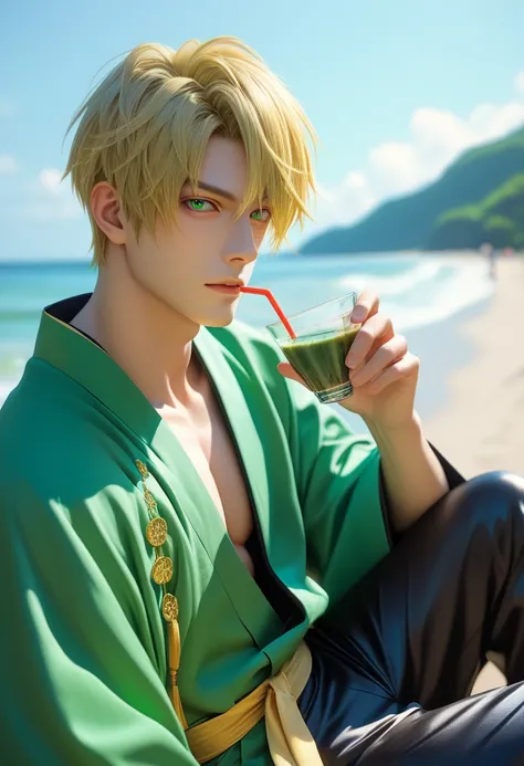 Male, photoreaistic, sanzo priest, fair skin, (((short blonde hair))), green eyes, strong, fit. (((Wearing black bodysuit))).  Japanese beach background. Casual pose, drinking green tea. ((Wearing Loose white japanese priest robe over bodysuit.))