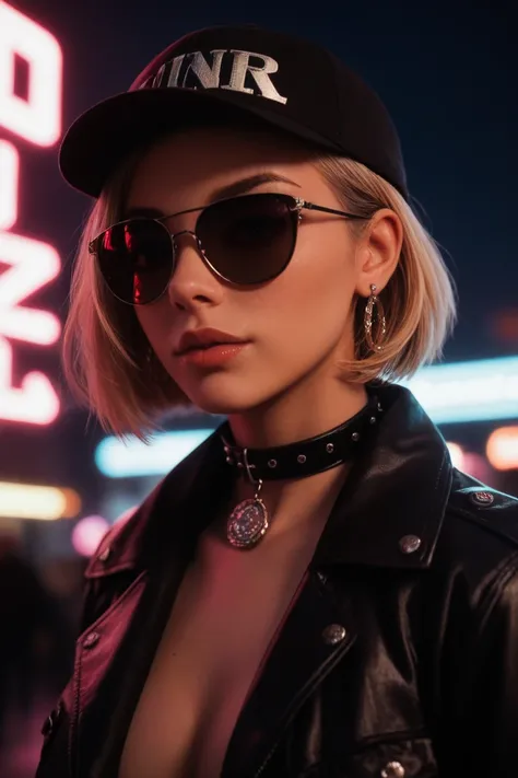 plano cercano del rostro, Alternative girl,  looking over black sunglasses, jacket, collar,  reflections of neon light on the skin, earring, make-up,  skin imperfections ,  short hair , cap, neon light background , low light,  depth of field,  ,  high cont...