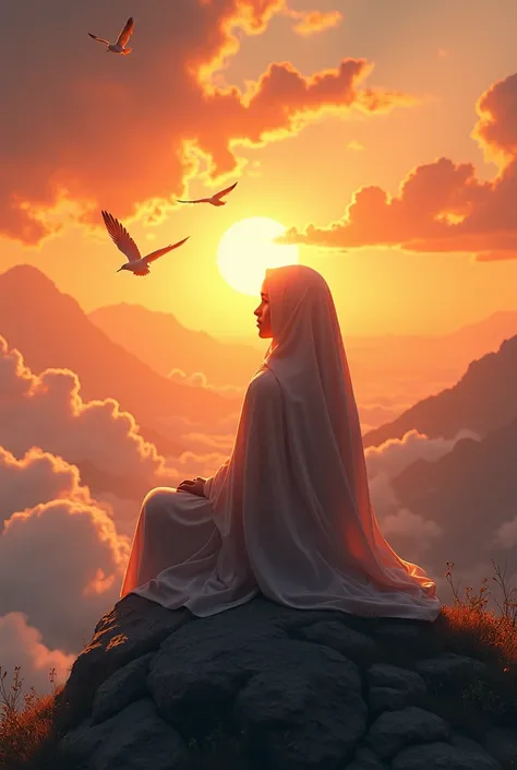 beautiful hijab A girl sitting at the peak of rocky hill looking at the sun set. White birds flying over orange clouds.