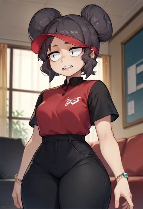 score_9,score_8_up,score_7_up BREAK BossSDXL,1girl,solo,short hair,shirt,black eyes,black hair,jewelry,black short sleeves,teeth,pants,hair bun,bracelet,double bun,thick thighs,black pants,red shirt,mole under mouth,visor cap,room,room background,