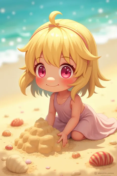 a cute and lovely girl with pink eyes and light yellow hair. Playing build sand