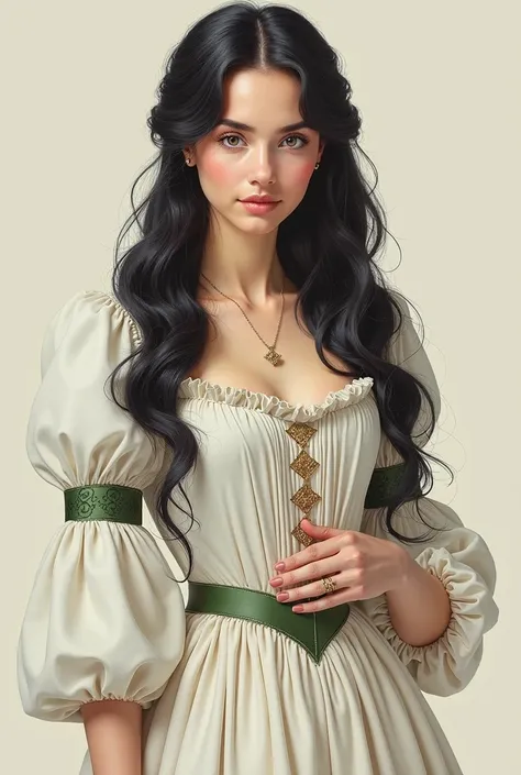  Draw a woman who lived around 1700 , She was rich , She had long wavy black hair ,  shiny honey-brown eyes ,  she was very thin and very beautiful and 160 cm tall ,  well-drawn face ,  well-designed and fleshy mouth ,   with tights ,  and she should look ...