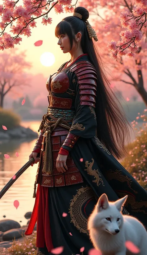 Hyper-realistic, full-length portrait of a female warrior of the Akashiro clan, posing with elegance and determination in a traditional Japanese landscape under cherry blossom trees. She is a curvy woman with long, straight black hair, partially pulled bac...