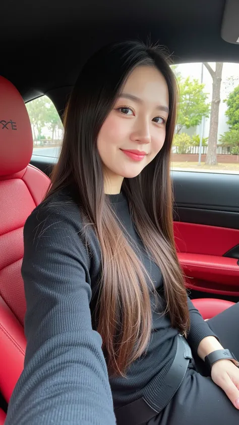 A first-person perspective cute smiling selfie of a 28-year-old female CEO (no makeup) (slim) (oval face) (long straight brown-black hair) wearing autumn high-end temperament fashion brand clothing, driving a Porsche 718 in front of the villa. Red interior...