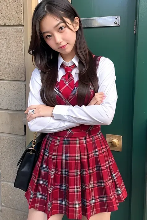  high school girl、red plaid uniform、