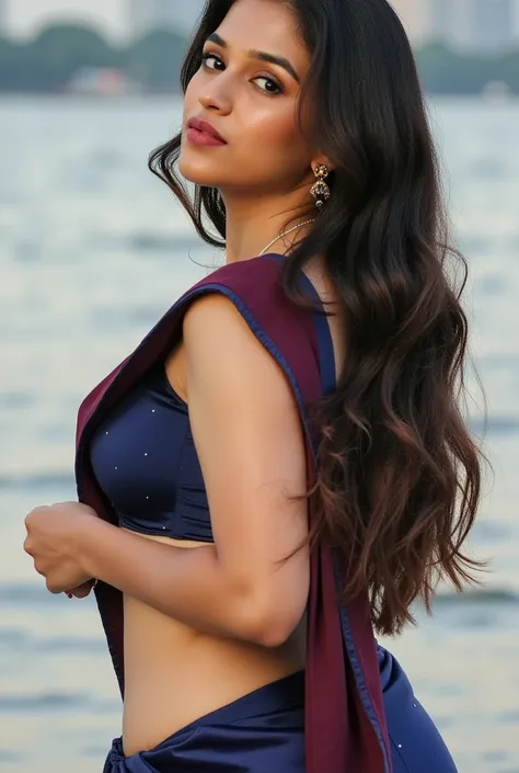 Beautiful Indian dusky woman, busty wearing a modern dress, long straight black hair, wet hair, full body image, high definition image